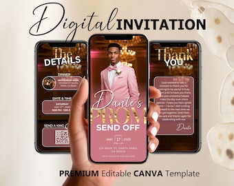 Prom Send Off Digital Invitation, Pink Gold Boys Editable Flyer Template, King Prom Party Invite, Men DIY Graduation Celebration Animated