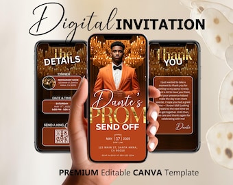 Prom Send Off Digital Invitation, Orange Gold Boys Editable Flyer Template, King Prom Party Invite, Men DIY Graduation Celebration Animated