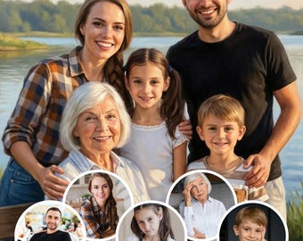 May include: A family portrait featuring a group of seven people, including a smiling woman in a plaid shirt, a man in a black shirt, and children. Additional smaller portraits of individuals are arranged in circles around the main subjects.