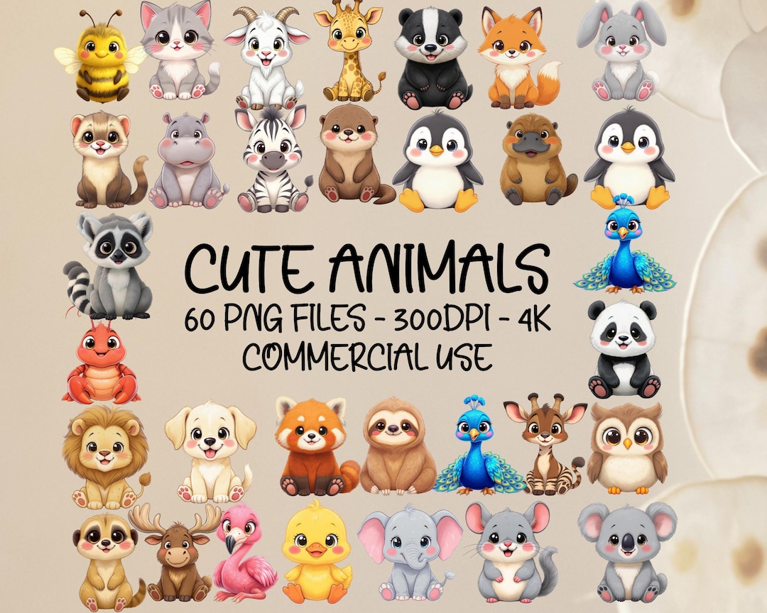 Watercolor Cute Animals Clipart, 60 Cute Animal PNG, Watercolor Animals ...