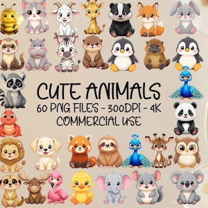 Watercolor Cute Animals Clipart, 60 Cute Animal PNG, Watercolor Animals, Cute Animal Bundle, Baby Animals, Clipart Bundle, Printable Animals