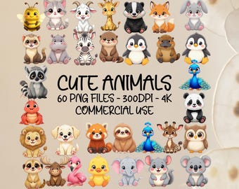 Watercolor Cute Animals Clipart, 60 Cute Animal PNG, Watercolor Animals, Cute Animal Bundle, Baby Animals, Clipart Bundle, Printable Animals