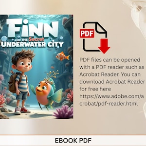 The image is an advertisement for a children's book called "Finn and the Secret Underwater City" with a PDF download link provided.