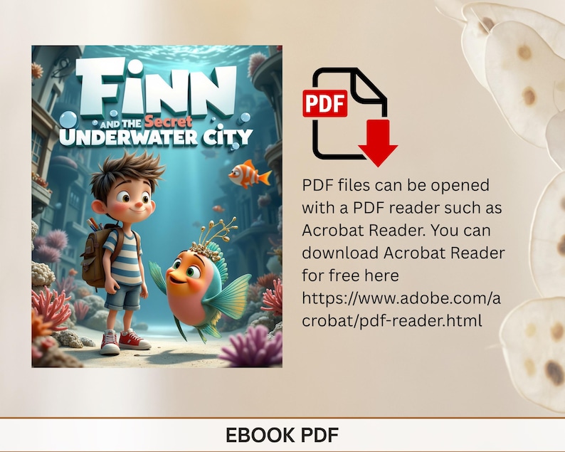 The image is an advertisement for a children's book called "Finn and the Secret Underwater City" with a PDF download link provided.