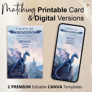 Cartão de convite de aniversário de dragão de fantasia editável, modelo editável, convite de aniversário de dragão, convite de aniversário jurássico, convite para impressão