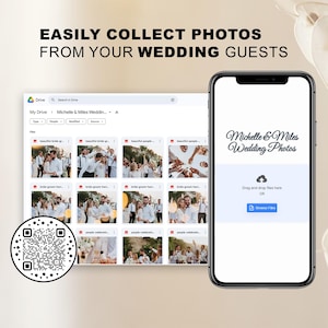 以下が含まれることがあります： コンピューター画面のスクリーンショットで、Google Driveのフォルダが表示され、写真には「Michelle & Miles Wedding」というラベルが付けられています。画面の左側にはQRコードが表示されています。画面の右側には携帯電話の画面が表示され、「Michelle & Miles Wedding Photos」というメッセージと「ファイルのアップロード」というボタンが表示されています。
