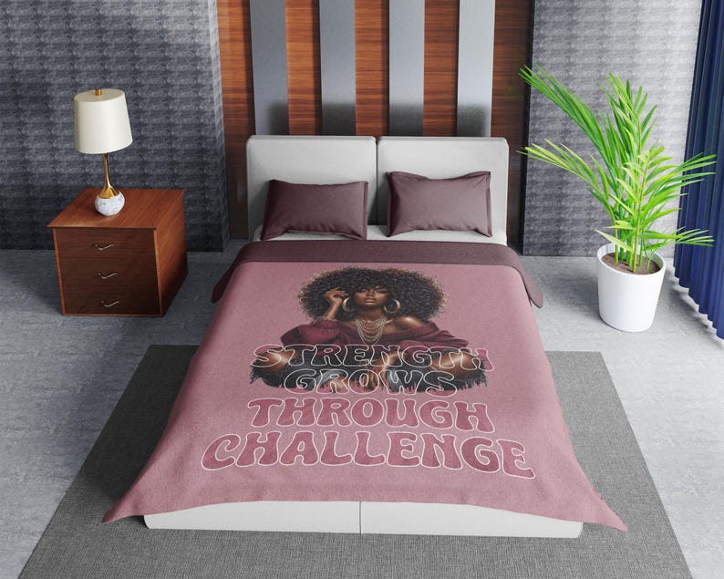 a bed room with a neatly made bed and a plant