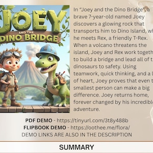 The image is a promotional poster for the animated film "Joey and the Dinosaur Bridge". It features two cartoon characters, a boy and a dinosaur, standing on a bridge and looking at the poster. The poster also includes text that describes the story of the film, including the characters' names, the title of the film, and the message that even the smallest person can make a big difference.