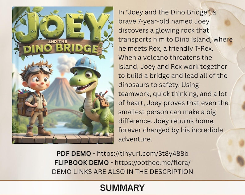 The image is a promotional poster for the animated film "Joey and the Dinosaur Bridge". It features two cartoon characters, a boy and a dinosaur, standing on a bridge and looking at the poster. The poster also includes text that describes the story of the film, including the characters' names, the title of the film, and the message that even the smallest person can make a big difference.