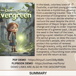 The image is a promotional poster for the animated film "The Glowing Seed of Evergreen". The poster features a young girl with red hair standing in a garden, holding a glowing seed. The background of the poster is a lush, green garden with a path leading to a building. The text on the poster provides information about the film, including the title, the name of the character, and the promise of a rebirth of nature.