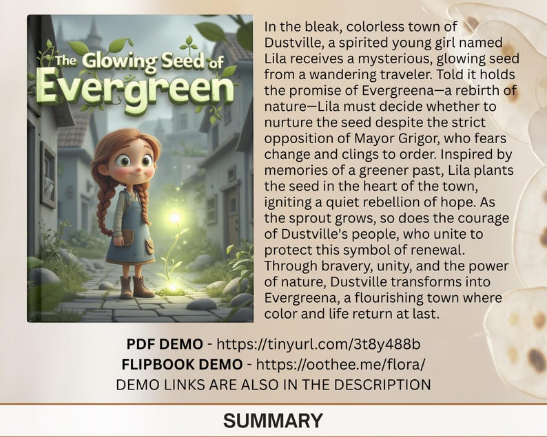 The image is a promotional poster for the animated film "The Glowing Seed of Evergreen". The poster features a young girl with red hair standing in a garden, holding a glowing seed. The background of the poster is a lush, green garden with a path leading to a building. The text on the poster provides information about the film, including the title, the name of the character, and the promise of a rebirth of nature.