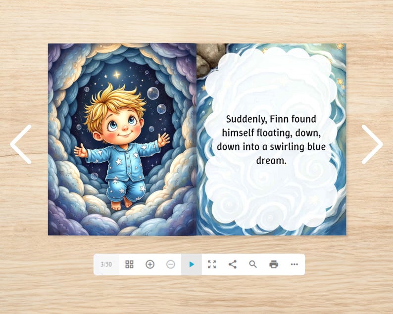 May include: A children's book illustration depicts a young child in blue pajamas with star patterns, floating in a dreamy, cloud-filled sky. The text reads, "Suddenly, Finn found himself floating, down, down into a swirling blue dream."
