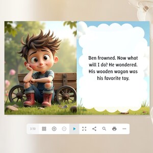 The image is a collage of two images. The left image shows a cartoon boy sitting on a wooden wagon in a grassy field, while the right image contains text that reads "Ben frowned. Now what will I do? He wondered. His wooden wagon was his favorite toy."