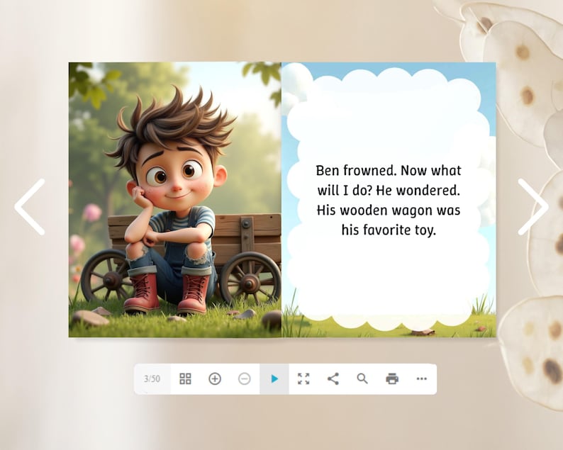 The image is a collage of two images. The left image shows a cartoon boy sitting on a wooden wagon in a grassy field, while the right image contains text that reads "Ben frowned. Now what will I do? He wondered. His wooden wagon was his favorite toy."