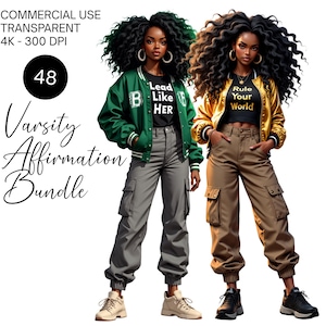 48 Black Girl Affirmations Clipart Bundle PNG Afrogirls Clipart Beautiful Afro Women Varsity Melanin Queen Black Girl Magic Digital Download