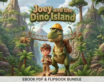 May include: A digital illustration titled Joey and the Dino Island featuring a young explorer with goggles and a backpack standing next to a green Tyrannosaurus Rex wearing a yellow hard hat and a brown backpack in a lush jungle with a volcano.