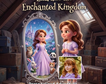 May include: A personalized storybook cover titled Ella and the Enchanted Kingdom featuring a girl with brown hair in a purple dress standing before an ornate mirror reflecting an animated version of herself with an owl, rabbit, panda, and cat.