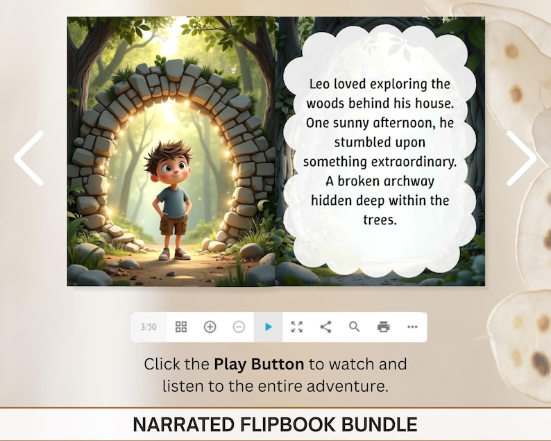 May include: A digital flipbook page featuring an illustrated boy standing before a stone archway in a forest. Text on the page reads, "Leo loved exploring the woods..." and "Narrated Flipbook Bundle" is at the bottom.