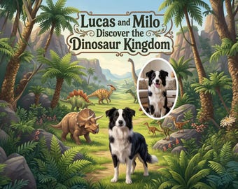 May include: A digital illustration titled Lucas and Milo Discover the Dinosaur Kingdom featuring a black and white border collie standing on a path in a prehistoric jungle with various dinosaurs and a circular inset photo of the same dog.