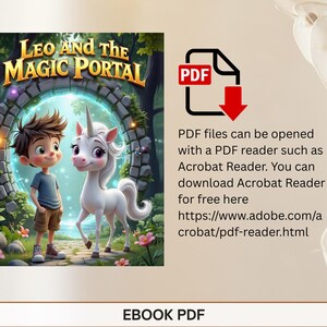 May include: A digital ebook cover titled "Leo and the Magic Portal" featuring a cartoon boy and a white unicorn standing before a stone archway. The cover includes the text "EBOOK PDF" and instructions for opening PDF files.