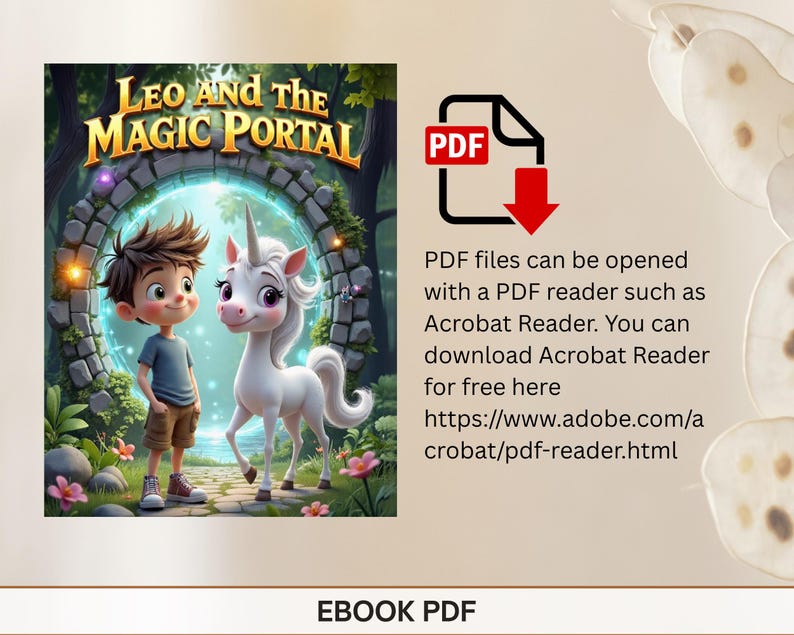 May include: A digital ebook cover titled "Leo and the Magic Portal" featuring a cartoon boy and a white unicorn standing before a stone archway. The cover includes the text "EBOOK PDF" and instructions for opening PDF files.
