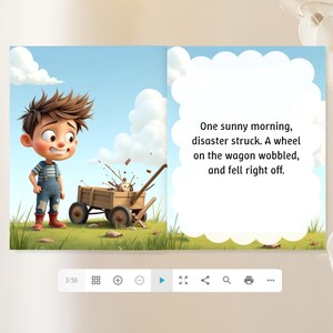 The image is a collage of two images, one depicting a young boy with a wagon and the other showing a wheelbarrow with a dog. The text in the image is a story about a wheelbarrow that fell off a wagon and a dog that got splashed with mud.