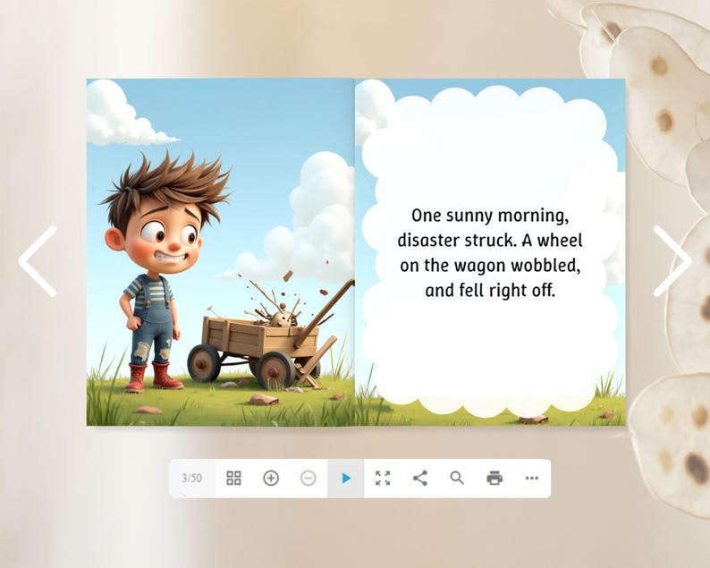 The image is a collage of two images, one depicting a young boy with a wagon and the other showing a wheelbarrow with a dog. The text in the image is a story about a wheelbarrow that fell off a wagon and a dog that got splashed with mud.