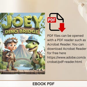 The image is an advertisement for a children's book called " Joey and the Dinosaur Bridge" featuring a cartoon image of a young boy and a dinosaur. The book is available for download as an Acrobat Reader, and the image includes a red arrow pointing to the book's title.