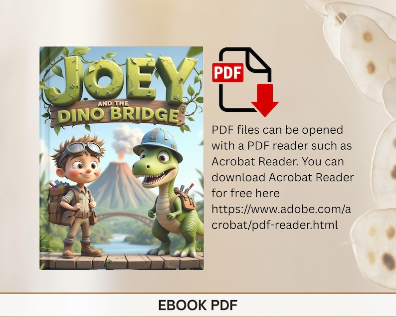 The image is an advertisement for a children's book called " Joey and the Dinosaur Bridge" featuring a cartoon image of a young boy and a dinosaur. The book is available for download as an Acrobat Reader, and the image includes a red arrow pointing to the book's title.