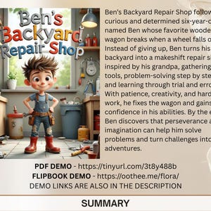 The image is a promotional poster for a children's book titled "Ben's Backyard Repair Shop" featuring a cartoon character named Ben who is fixing a wagon in his backyard.