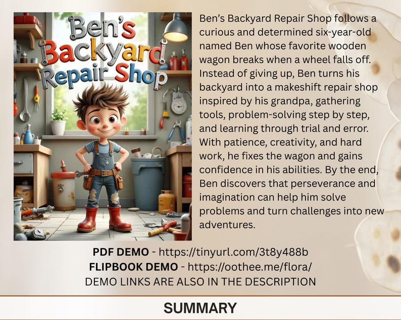The image is a promotional poster for a children's book titled "Ben's Backyard Repair Shop" featuring a cartoon character named Ben who is fixing a wagon in his backyard.