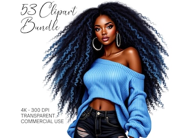 53 Pacchetto di clipart di ragazze nere PNG Bellissime donne afro in sublimazione PNG, Clipart di ragazze afro Melanin Queen Black Girl Magic Download digitale