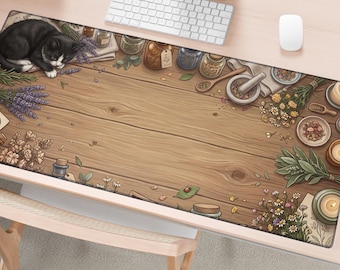 May include: A rectangular desk mat featuring a wood grain pattern decorated with a black and white cat, bundles of lavender, chamomile flowers, glass jars, a mortar and pestle, and small candles arranged along the edges of the surface.