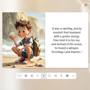 A young boy is sitting on a beach, holding a ball and looking at it. The text overlay provides a description of the scene.