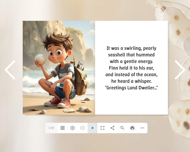 A young boy is sitting on a beach, holding a ball and looking at it. The text overlay provides a description of the scene.