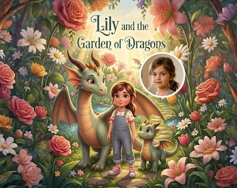 May include: A digital illustration titled Lily and the Garden of Dragons featuring a girl in denim overalls standing between a large and a small green dragon, surrounded by pink roses and white daisies, with a circular photo of a young girl.