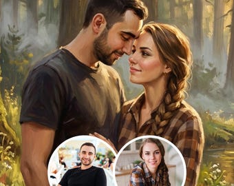 May include: An artistic painting depicts a couple embracing in a forest setting. The woman wears a plaid shirt, and the man is in a dark t-shirt. Two smaller circular portraits of the couple are inset. The background features trees and flowers.
