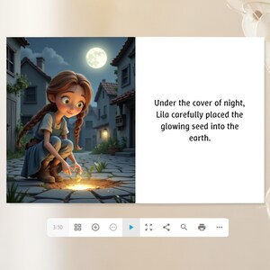 A young girl with long brown hair is shown crouching down and reaching into a small hole in the ground, with a full moon visible in the background.