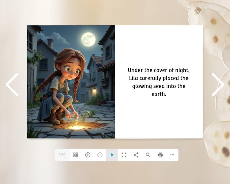 A young girl with long brown hair is shown crouching down and reaching into a small hole in the ground, with a full moon visible in the background.