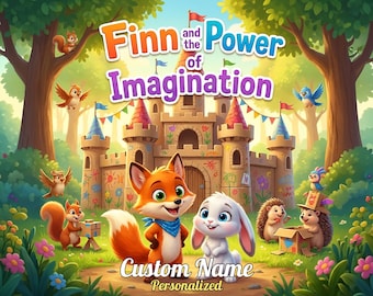 May include: A digital illustration titled Finn and the Power of Imagination featuring a fox and a white rabbit standing before a sandcastle decorated with colorful drawings. The scene includes squirrels, birds, and hedgehogs in a forest setting.