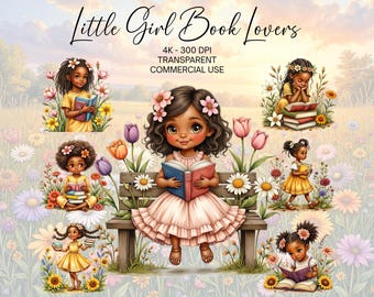 Little Black Girl Clipart Bundle, Black Girl Magic, Book Lovers, Afrogirls Png, Afro Woman Png, Bookworm Booktrovert Bookish Png, Book Club