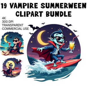 May include: A digital clipart bundle titled "19 Vampire Summerween". The image features cartoon vampires enjoying summer activities. One vampire surfs on a surfboard, another relaxes on a beach chair, and a third throws a frisbee. The background includes a moon, bats, and ocean.