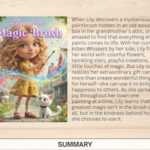 K&ouml;nnte beinhalten: Ein gebundenes Kinderbuch mit dem Titel Lily and the Magic Brush, das ein junges M&auml;dchen mit lockigem blondem Haar in einem gelben Sonnenblumenkleid zeigt, das einen Pinsel mit Regenbogenspur h&auml;lt und neben einem kleinen wei&szlig;en K&auml;tzchen steht.