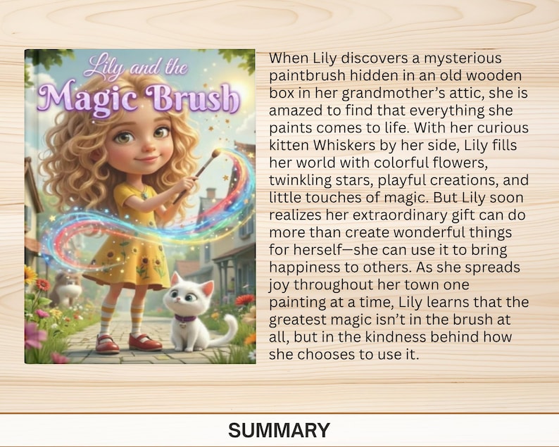 K&ouml;nnte beinhalten: Ein gebundenes Kinderbuch mit dem Titel Lily and the Magic Brush, das ein junges M&auml;dchen mit lockigem blondem Haar in einem gelben Sonnenblumenkleid zeigt, das einen Pinsel mit Regenbogenspur h&auml;lt und neben einem kleinen wei&szlig;en K&auml;tzchen steht.