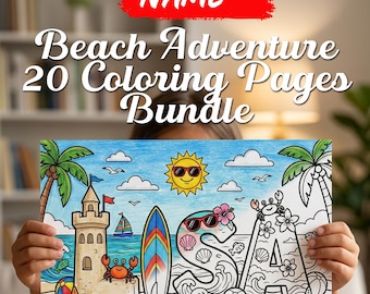 May include: A coloring page featuring a beach scene with a sandcastle, a surfboard, and the name LISA in large letters decorated with tropical flowers and shells. The sky includes a smiling sun with sunglasses, clouds, and birds above the ocean.