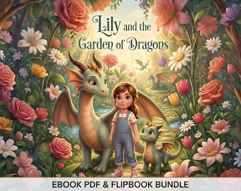May include: A digital illustration titled Lily and the Garden of Dragons featuring a young person standing between two green dragons in a vibrant floral garden. The text EBOOK PDF & FLIPBOOK BUNDLE is printed at the bottom of the image.