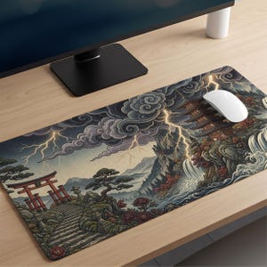 May include: A rectangular desk mat featuring a detailed illustration of a Japanese-style landscape with a red torii gate, stone stairs, a pagoda, a waterfall, and dark swirling clouds with bright yellow lightning bolts striking the scene.
