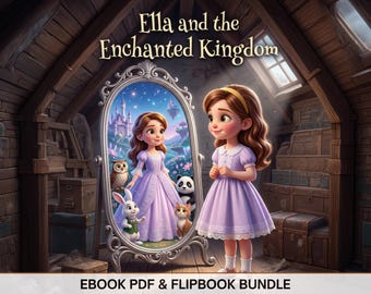 May include: A digital illustration titled Ella and the Enchanted Kingdom featuring a child in a lavender dress standing before an ornate mirror. The reflection shows the child with an owl, rabbit, panda, and cat in a magical landscape. EBOOK PDF & FLIPBOOK BUNDLE.