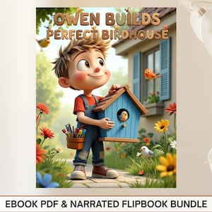 Może przedstawiać: Okładka książki dla dzieci zatytułowana "Owen Builds Perfect Birdhouse". Ilustracja przedstawia chłopca z kreskówki trzymającego niebieski domek dla ptaków z żółtym ptakiem w środku. Tło obejmuje dom, kwiaty i ptaki.