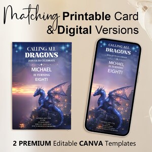 Cartão de convite de aniversário de dragão de fantasia editável, modelo editável, convite de aniversário de dragão, convite de aniversário jurássico, convite para impressão